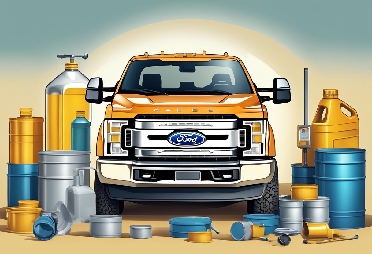 A Ford F-250 truck with an open differential, surrounded by oil containers and a measuring tool, indicating the process of checking and filling the differential oil capacity