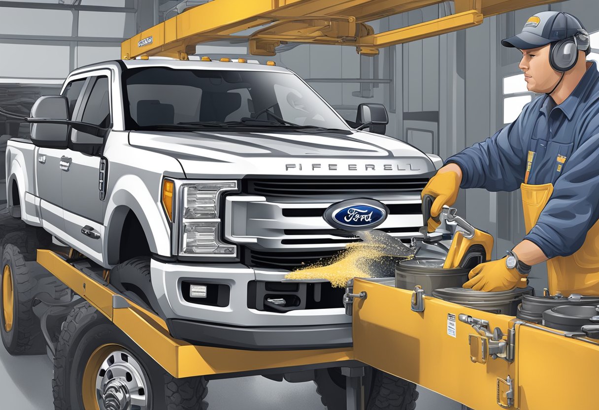 A mechanic pours gear oil into a Ford F-350's differential from a labeled container
