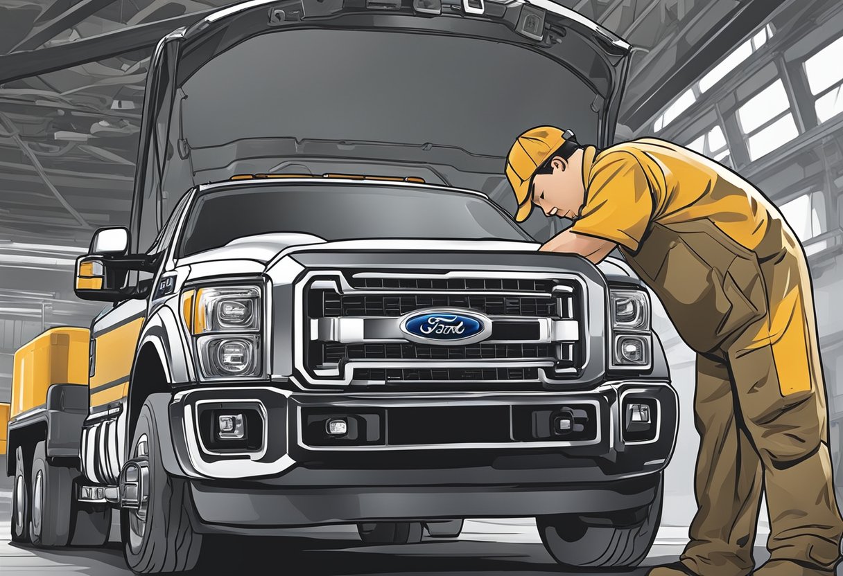 A mechanic pours differential oil into a Ford F-350, checking for leaks and ensuring proper viscosity