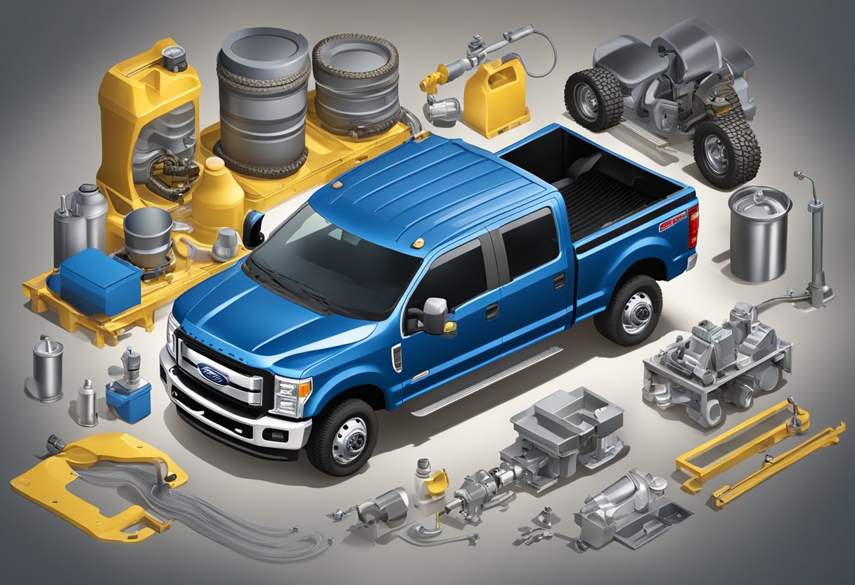 A Ford F-350 truck surrounded by various maintenance parts and fluids, with a focus on the differential oil type being poured into the vehicle
