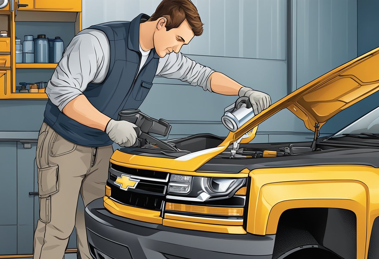 A mechanic pours differential oil into a Chevrolet Silverado 1500, using a funnel to ensure precise application