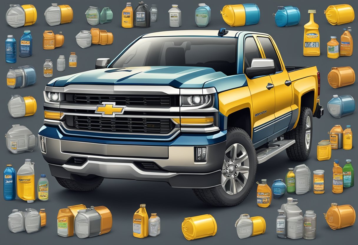 A Chevrolet Silverado 1500 with a visible differential, surrounded by various oil containers labeled with different oil types