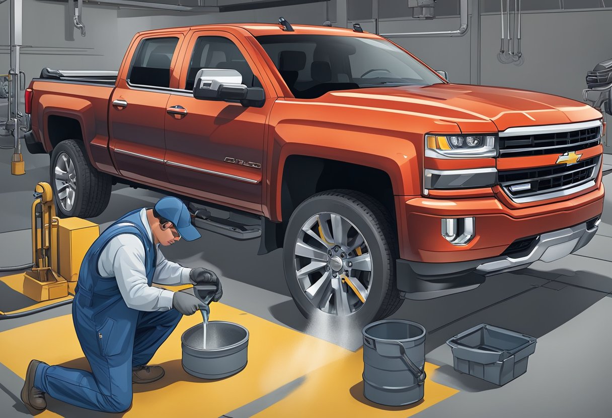 A mechanic pours differential oil into a Chevrolet Silverado 1500, following the manufacturer's recommended service intervals