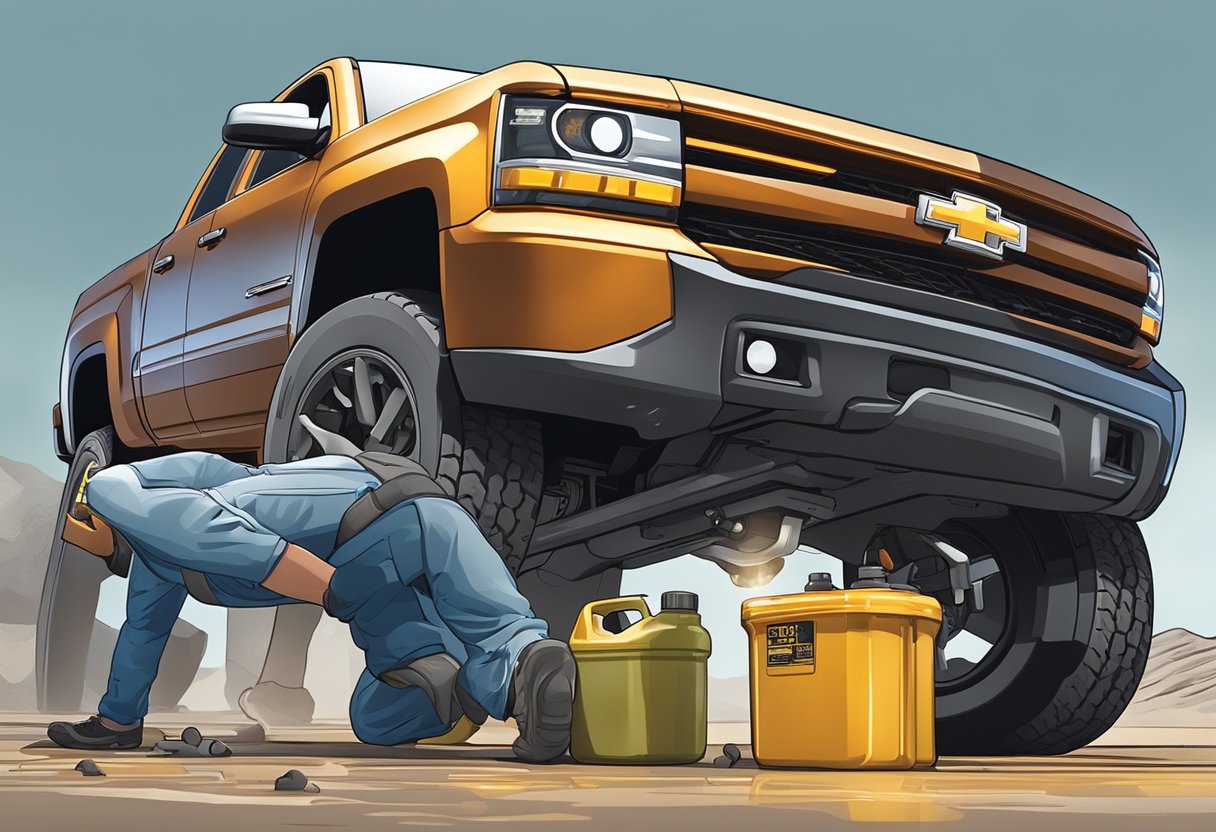 A mechanic pours differential oil into a Chevrolet Silverado 1500 4WD truck, following manufacturer specifications. The truck is raised on a lift, with tools and oil containers nearby