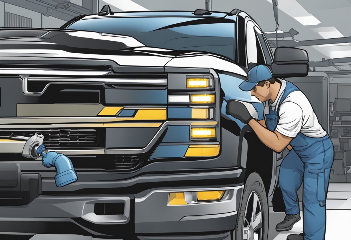 A mechanic pouring differential oil into a Chevrolet Silverado 1500, with a clear label indicating the oil capacity