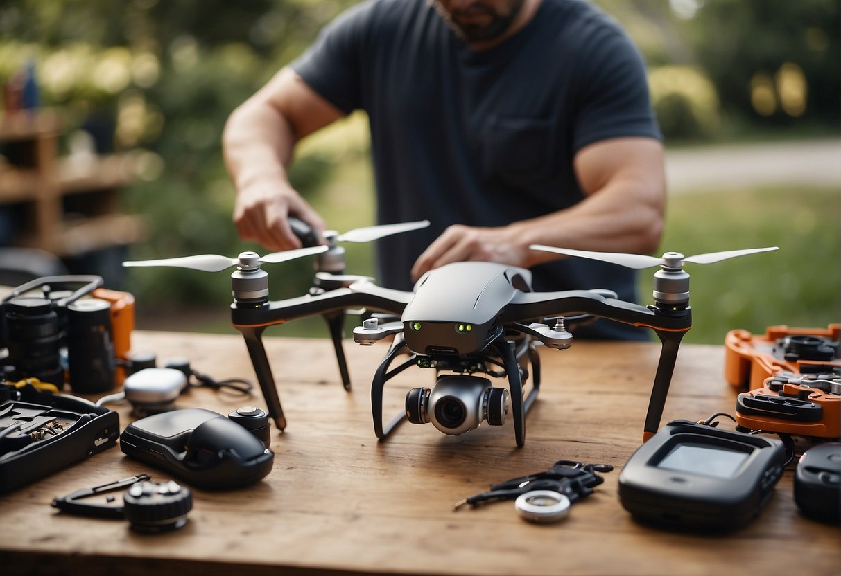 A technician repairs a drone on a cluttered workbench, surrounded by tools and spare parts. The drone's components are exposed as the technician works on it