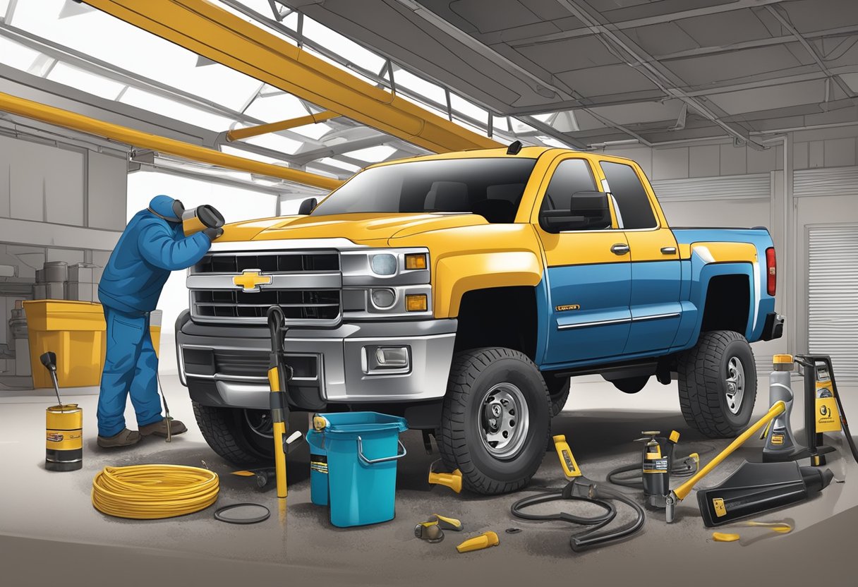 A mechanic pours differential oil into a Chevrolet Silverado 2500, using a funnel to prevent spills. The truck is lifted on a hydraulic jack, with tools and oil containers scattered around the scene