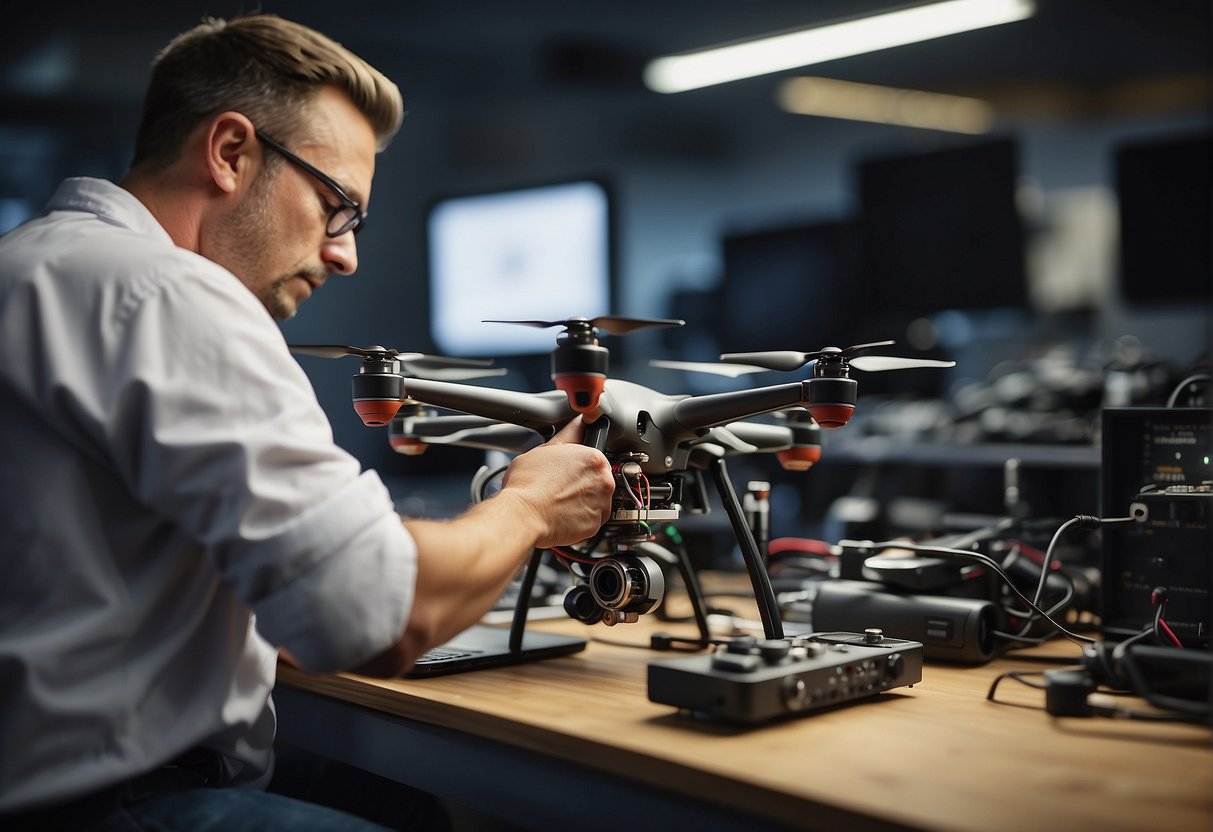 A technician repairs a drone, using tools and a computer to diagnose and fix the technology