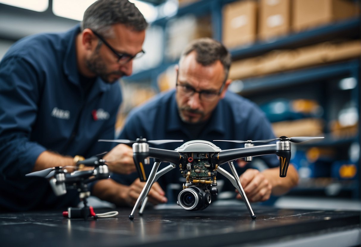 A technician replaces a damaged propeller on a drone, while another inspects the electronic components for maintenance