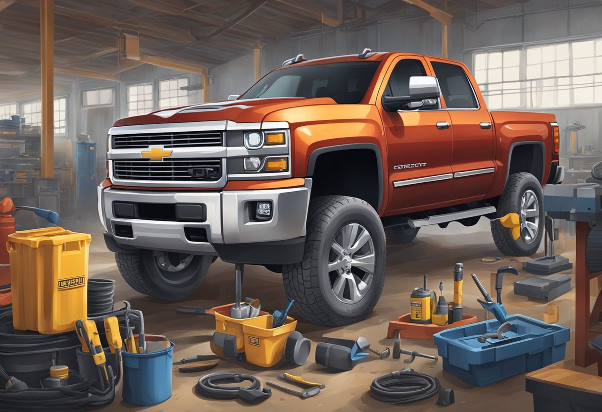 A mechanic pouring differential oil into a Chevrolet Silverado 2500, with various tools and equipment scattered around the work area