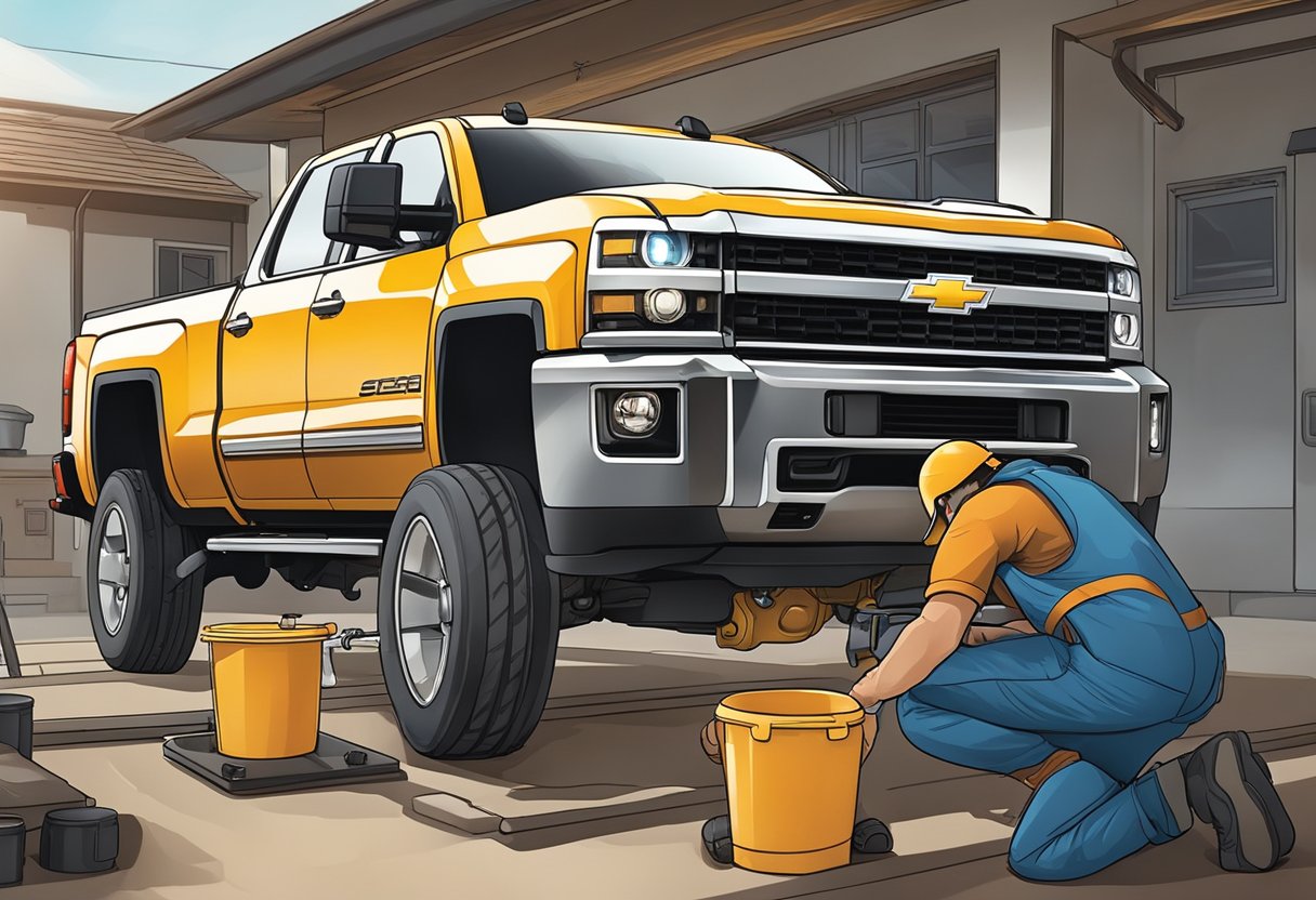 A Chevrolet Silverado 2500 with its differential oil being changed, oil type being poured into the differential, and a mechanic checking the oil level