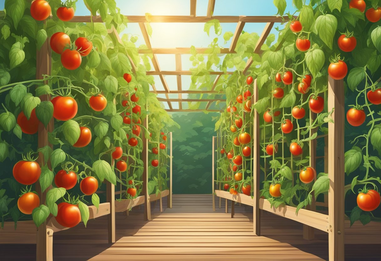 Tomato plants climb wooden trellis in a sunny garden, green vines winding upwards with ripe red tomatoes hanging from the vines