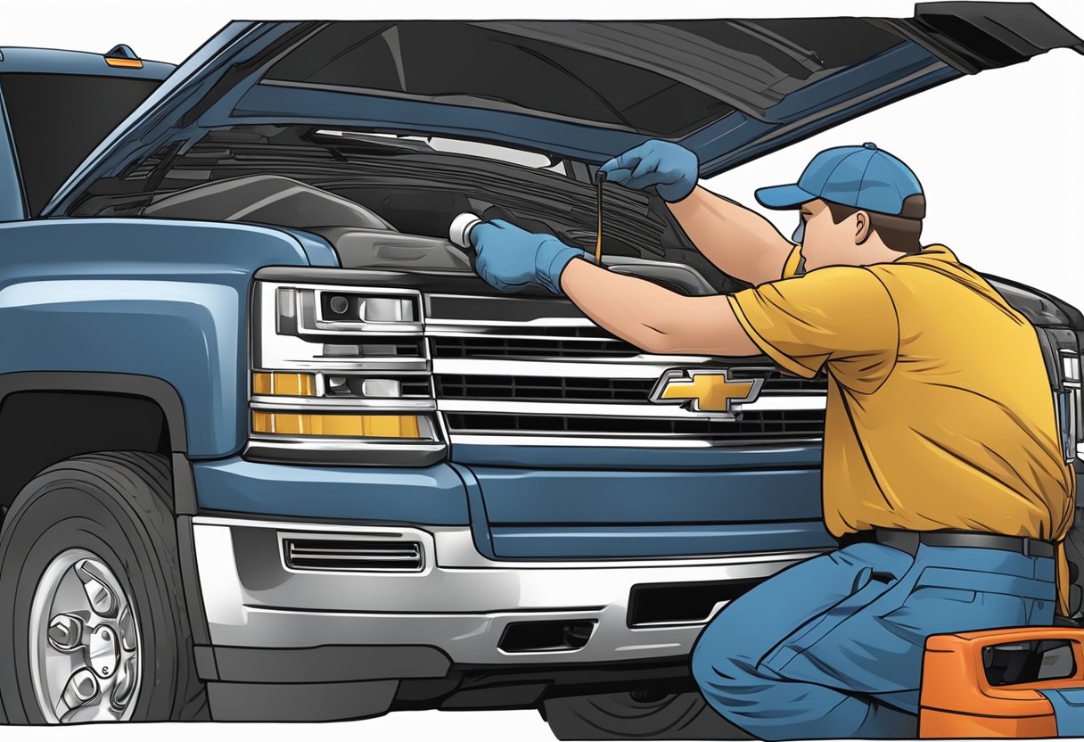 A mechanic pours differential oil into a Chevrolet Silverado 3500, using a funnel to carefully fill the reservoir