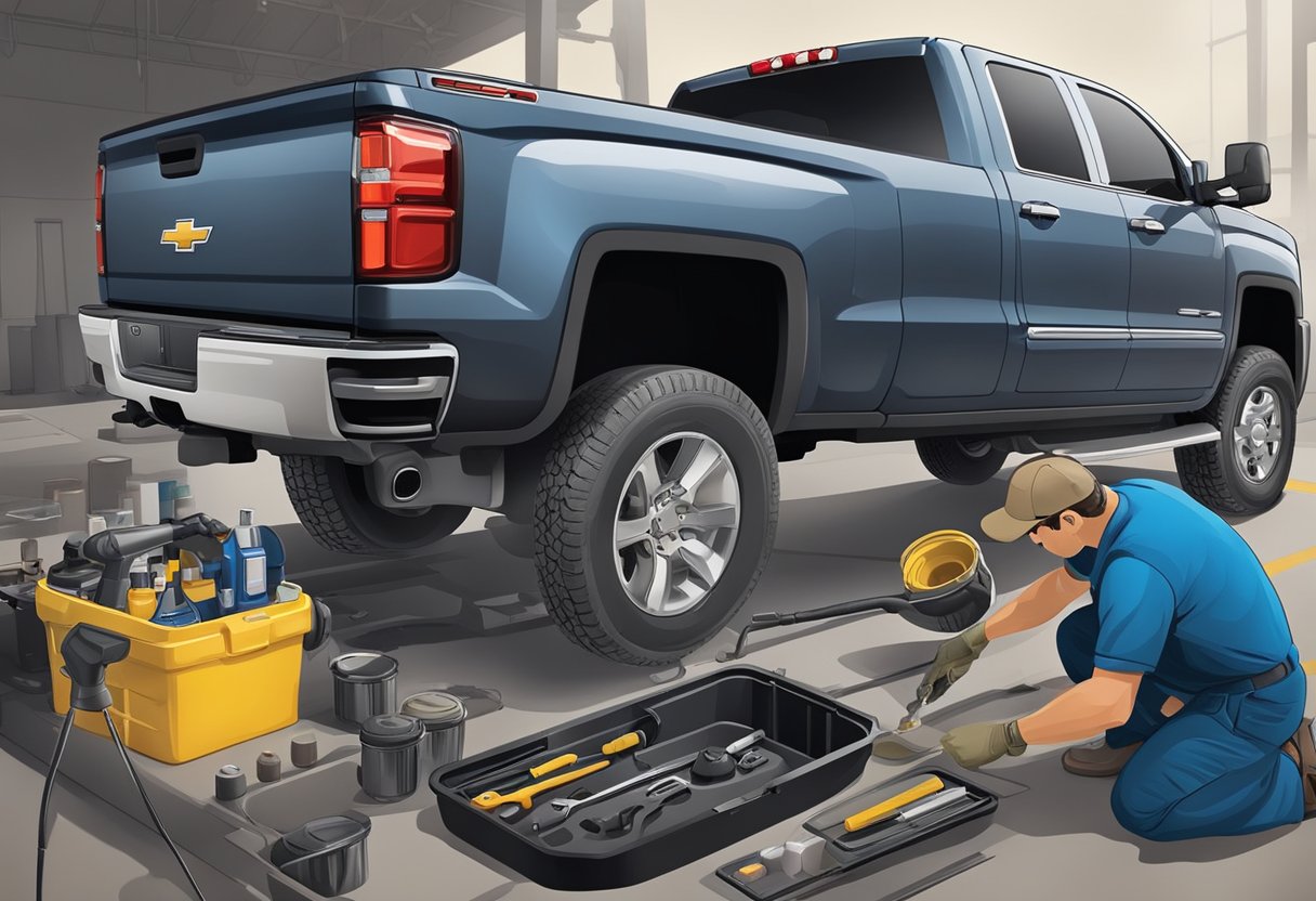 A mechanic pouring differential oil into a Chevrolet Silverado 3500, with various oil types and maintenance tools laid out nearby