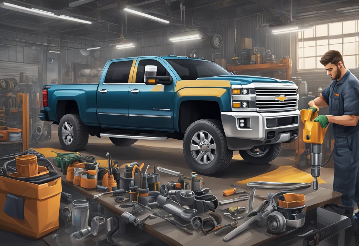 A mechanic pours differential oil into a Chevrolet Silverado 3500, surrounded by various professional tools and equipment