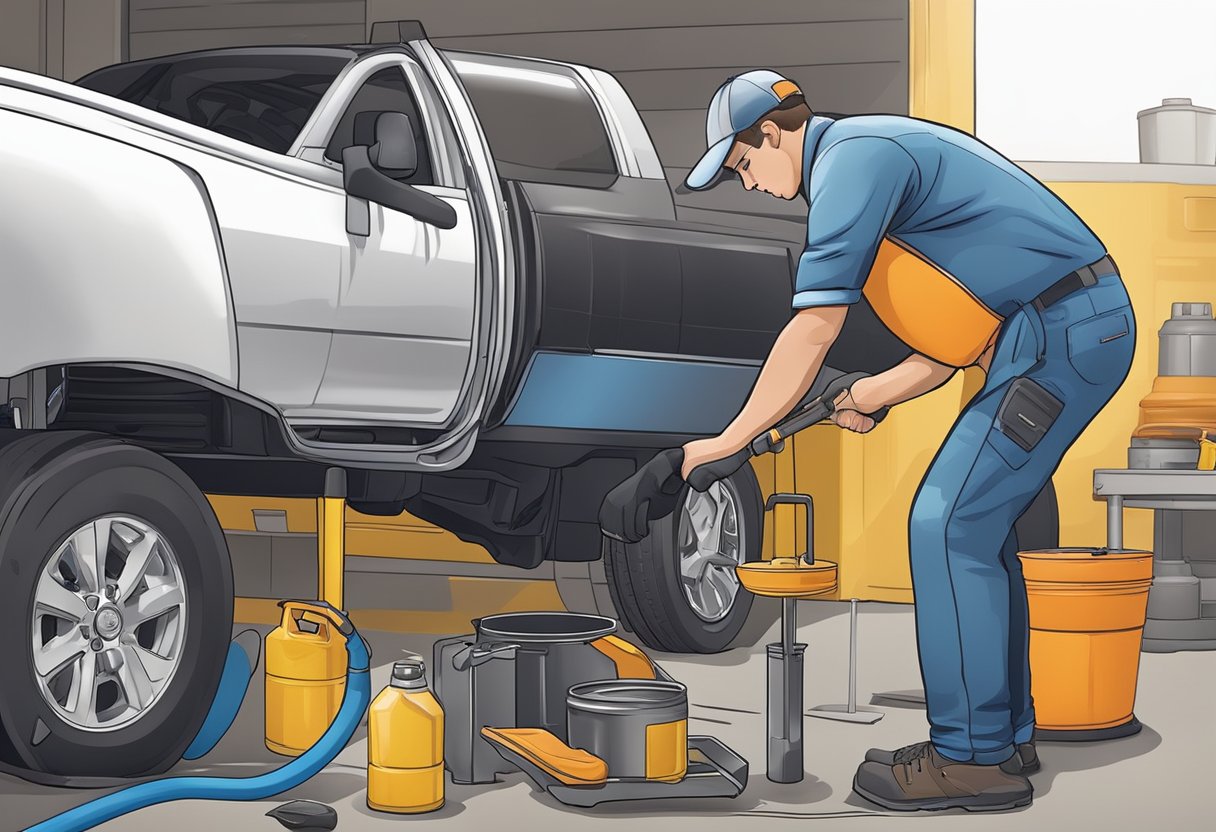 A mechanic pours differential oil into a Chevrolet Silverado 3500, using a funnel to prevent spills. The truck is parked on a level surface, with tools and a manual nearby