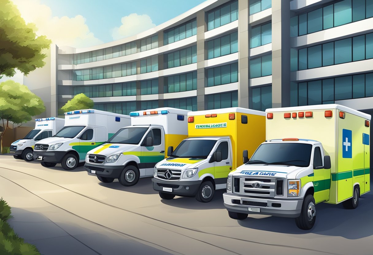 A fleet of different types of ambulances parked outside a medical facility in São Paulo, Brazil