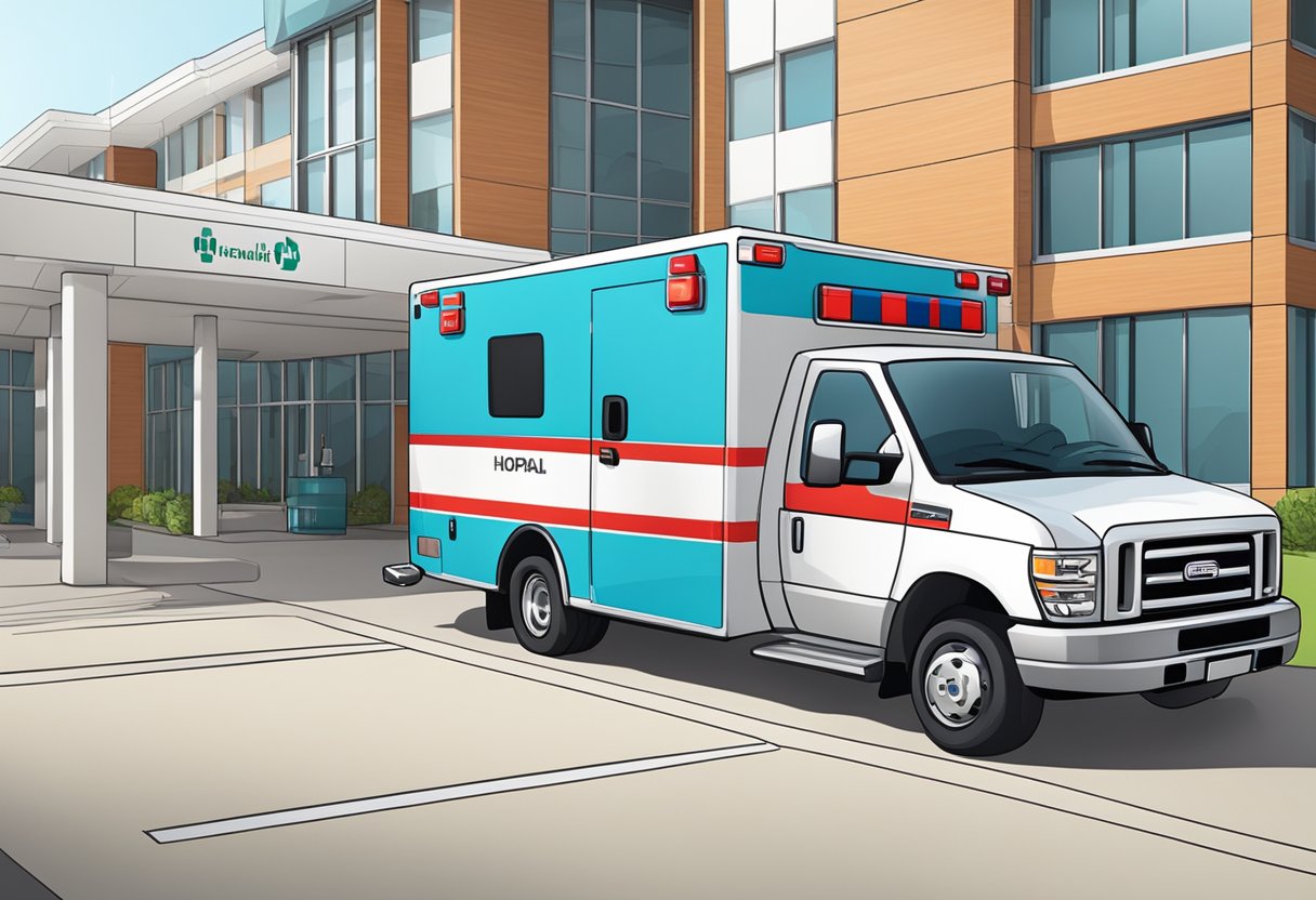 An ambulance parked outside a hospital, with the company's logo displayed prominently on the vehicle