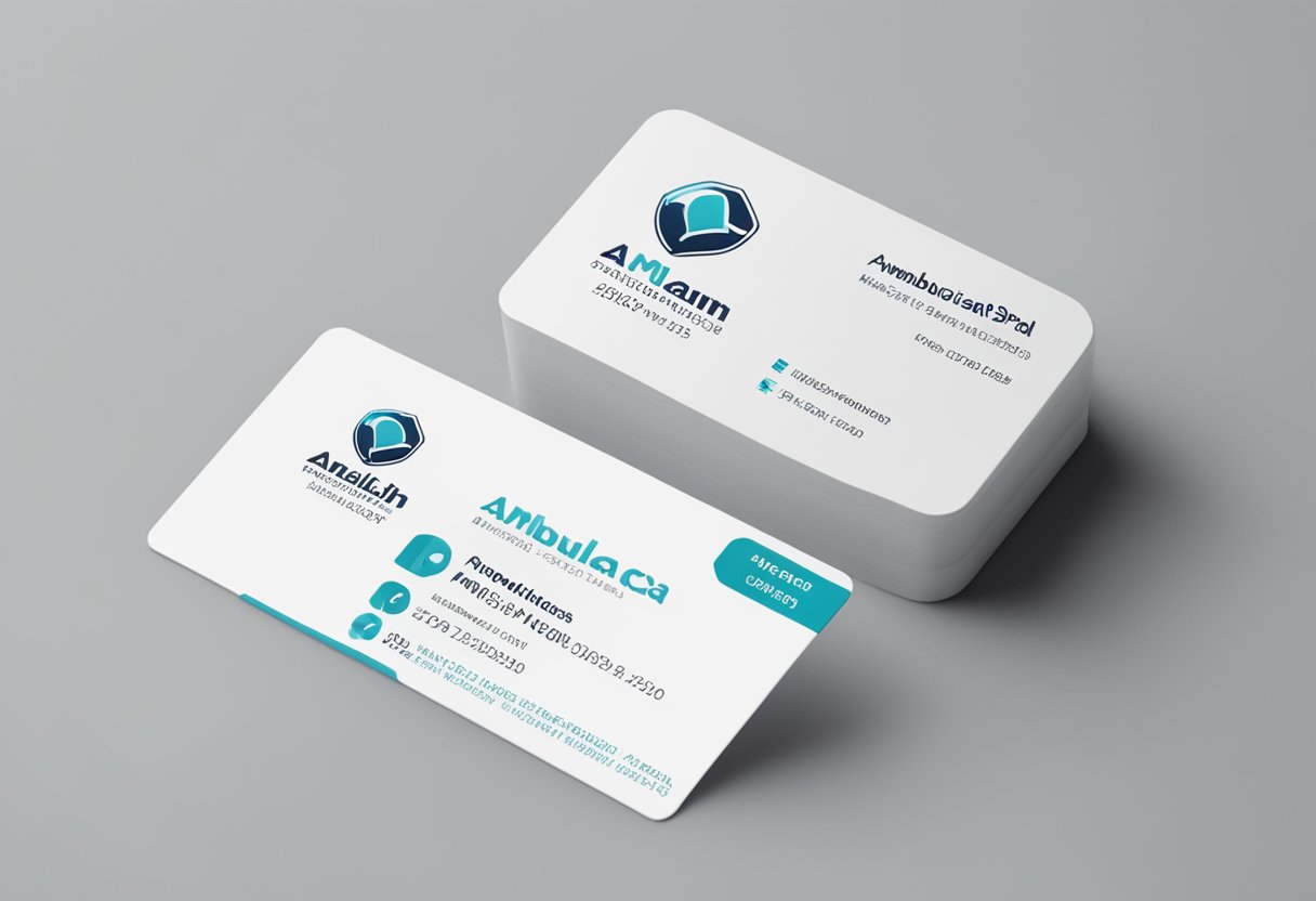 A company logo with "Ambulância SP" and contact/payment details displayed on a clean, professional-looking business card