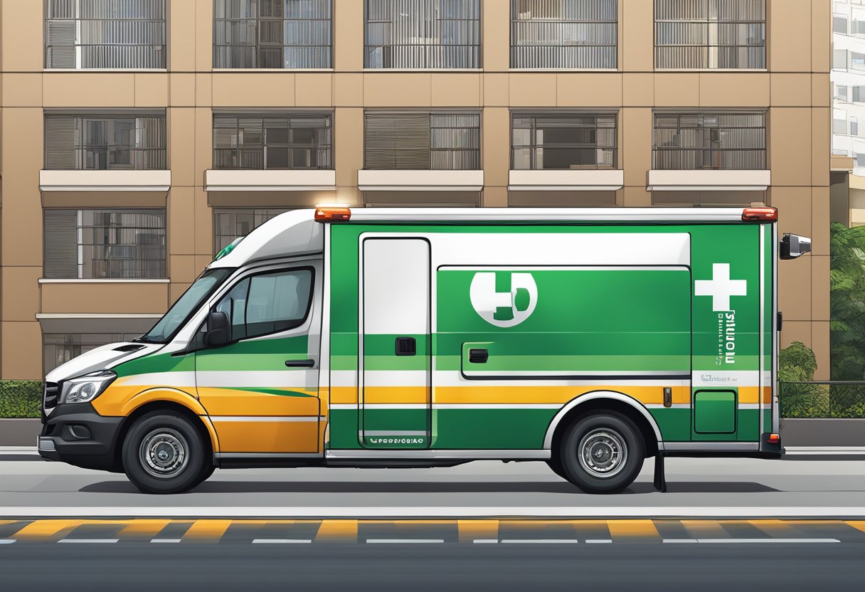 An ambulance parked outside a building in São Paulo, Brazil, with the company name and logo prominently displayed