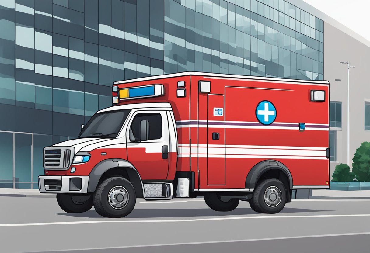 A bright red ambulance parked outside a hospital in São Paulo, with the company logo displayed prominently on the side