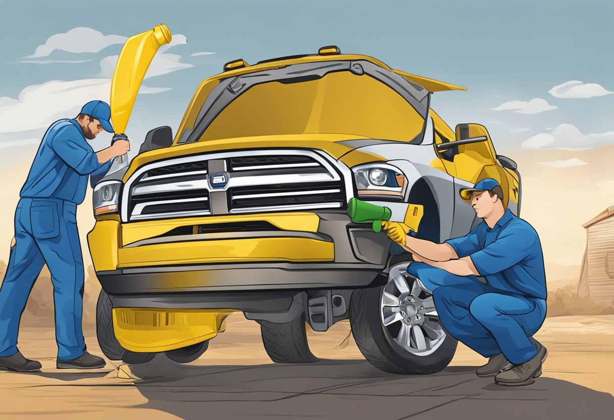 A mechanic pours differential oil into a Ram 2500 truck, using a funnel to carefully fill the reservoir to the correct level