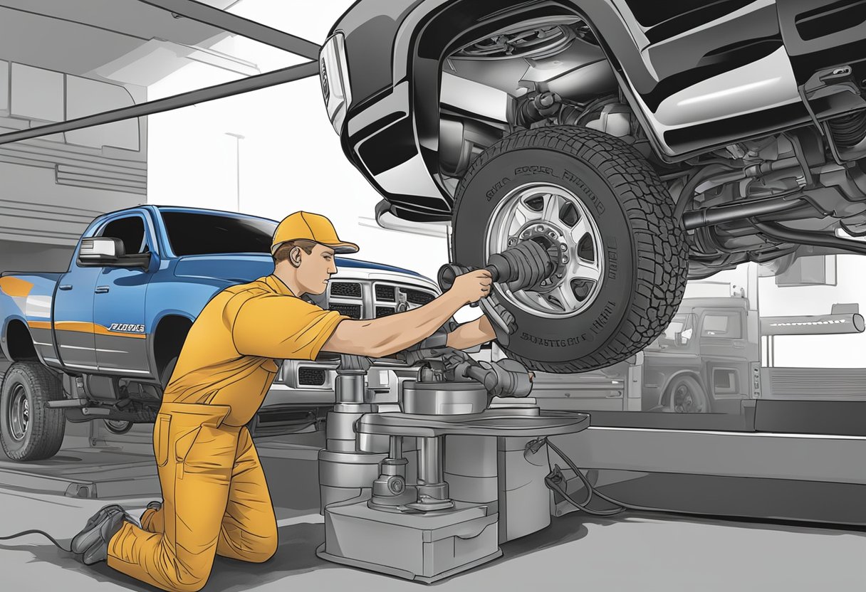 A mechanic pours specialized oil into a Ram 2500's limited slip differential, carefully following manufacturer's recommendations