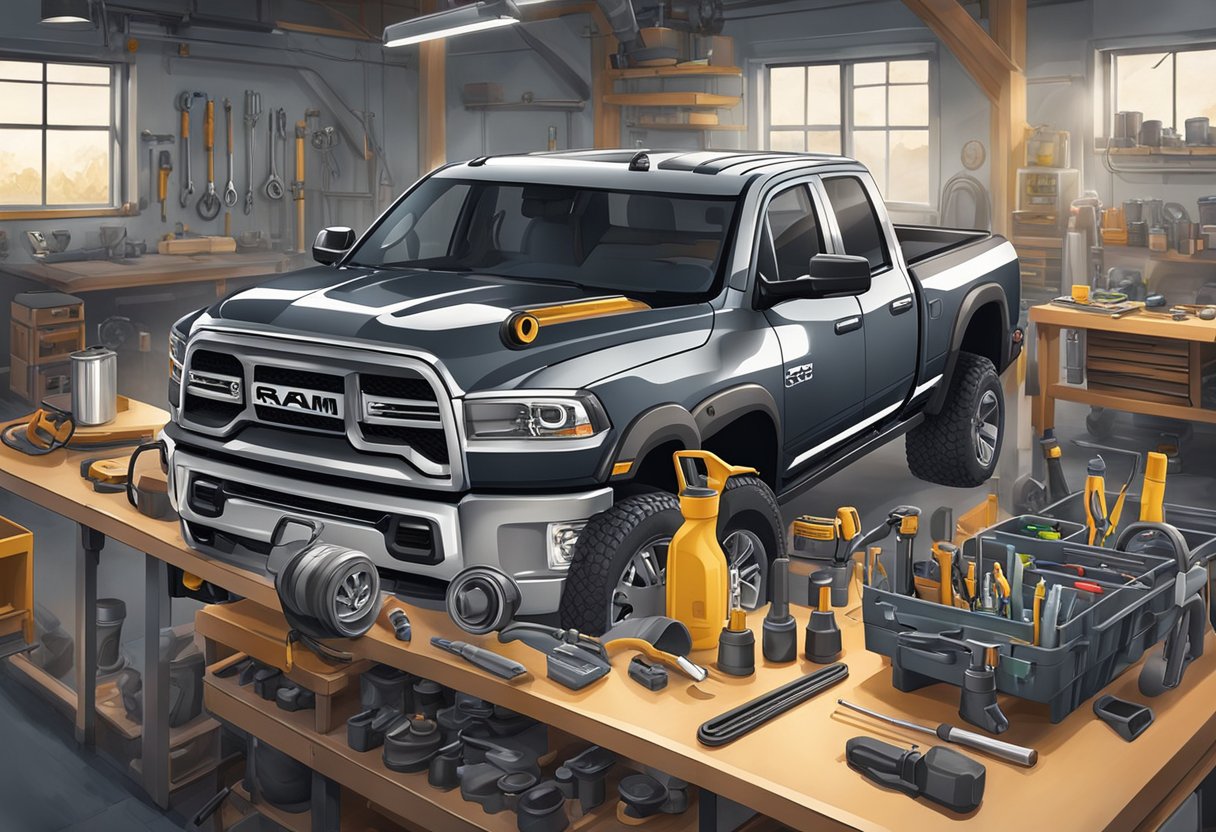 A mechanic pours differential oil into a Ram 2500, surrounded by various tools and accessories on a clean, well-lit workbench