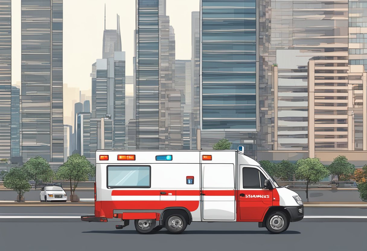 A red and white SAMU 192 ambulance parked on a busy São Paulo street, with the city skyline in the background