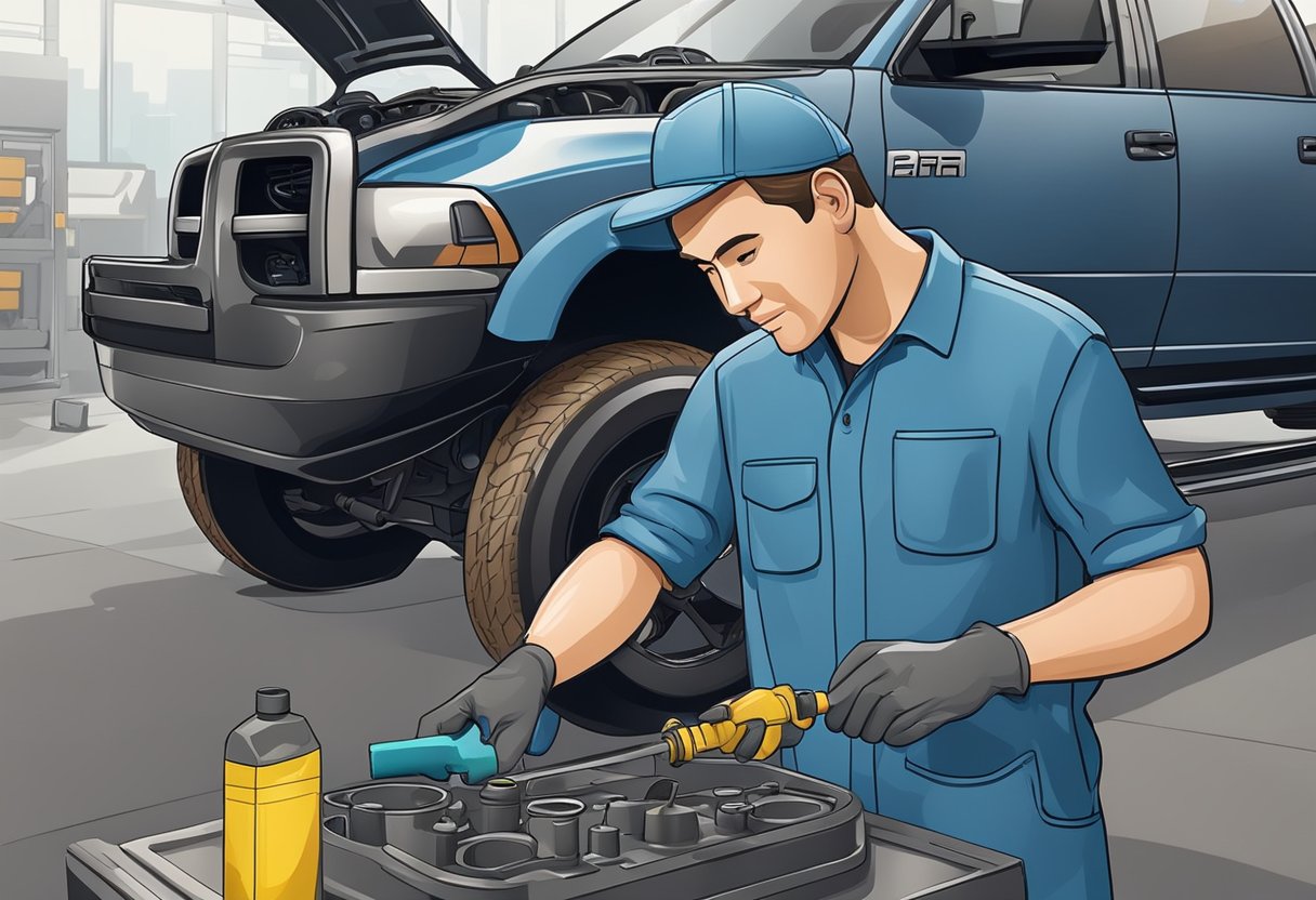 A mechanic pours differential oil into a Ram 2500, following the technical specifications for the correct oil type