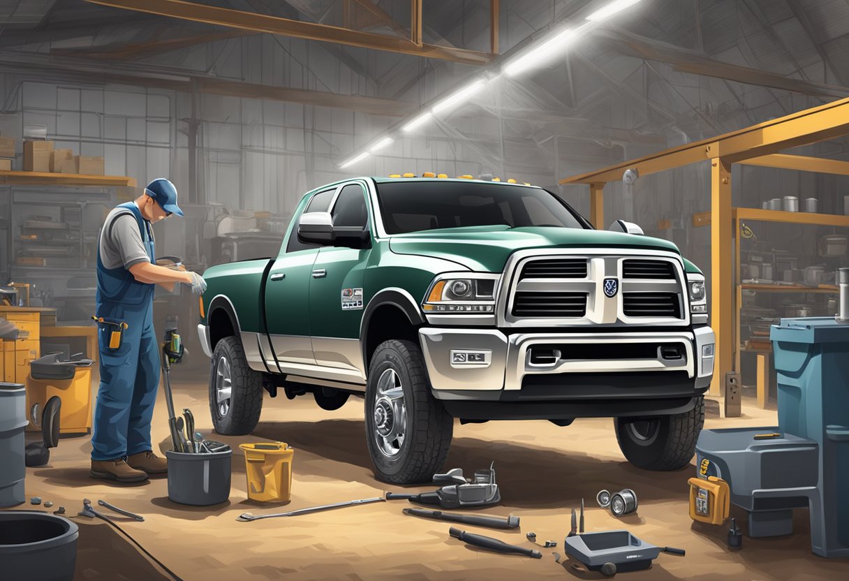 A mechanic pours differential oil into a Ram 2500 truck, with various tools and equipment scattered around the work area