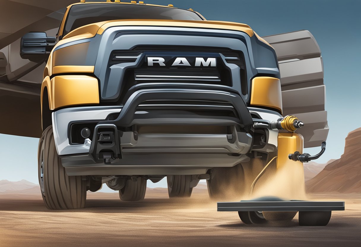 The Ram 2500 truck sits on a level surface with its rear differential exposed. A mechanic is pouring differential oil into the fill hole, carefully measuring the capacity