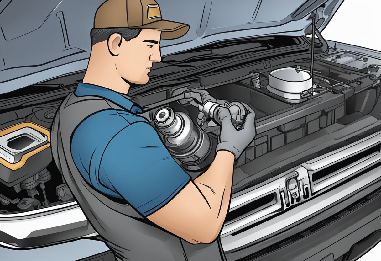 A mechanic drains and refills the differential oil in a Ram 2500, using the recommended oil capacity