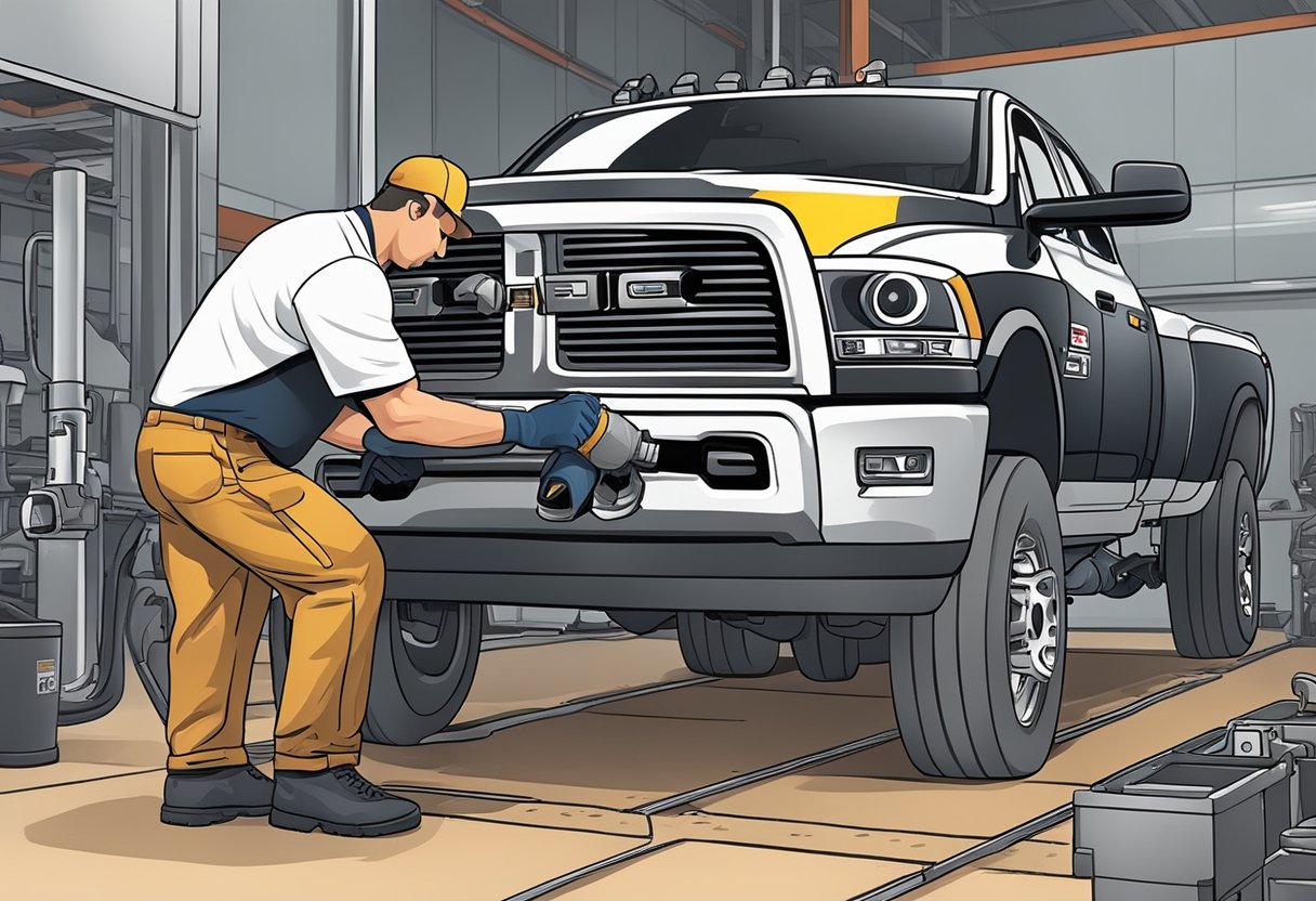 A mechanic pours differential oil into a Ram 2500, checking capacity and troubleshooting for maintenance