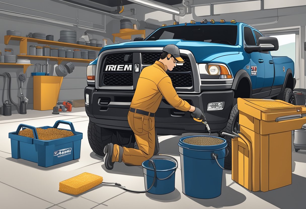 A mechanic pours differential oil into a Ram 2500, carefully measuring and filling to the specified capacity. The vehicle is parked on a clean, well-lit garage floor with tools and equipment nearby