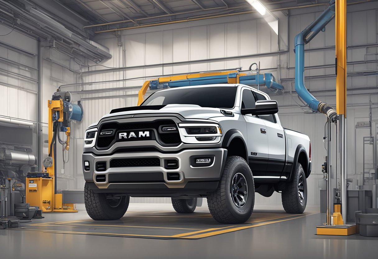 The Ram 2500 truck is parked on a level surface. The differential oil capacity is being checked and measured by a mechanic