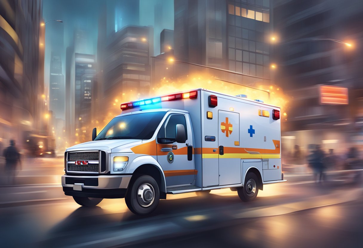 A mobile ICU ambulance rushing through city streets with flashing lights and blaring sirens, racing to provide life-saving pre-hospital care