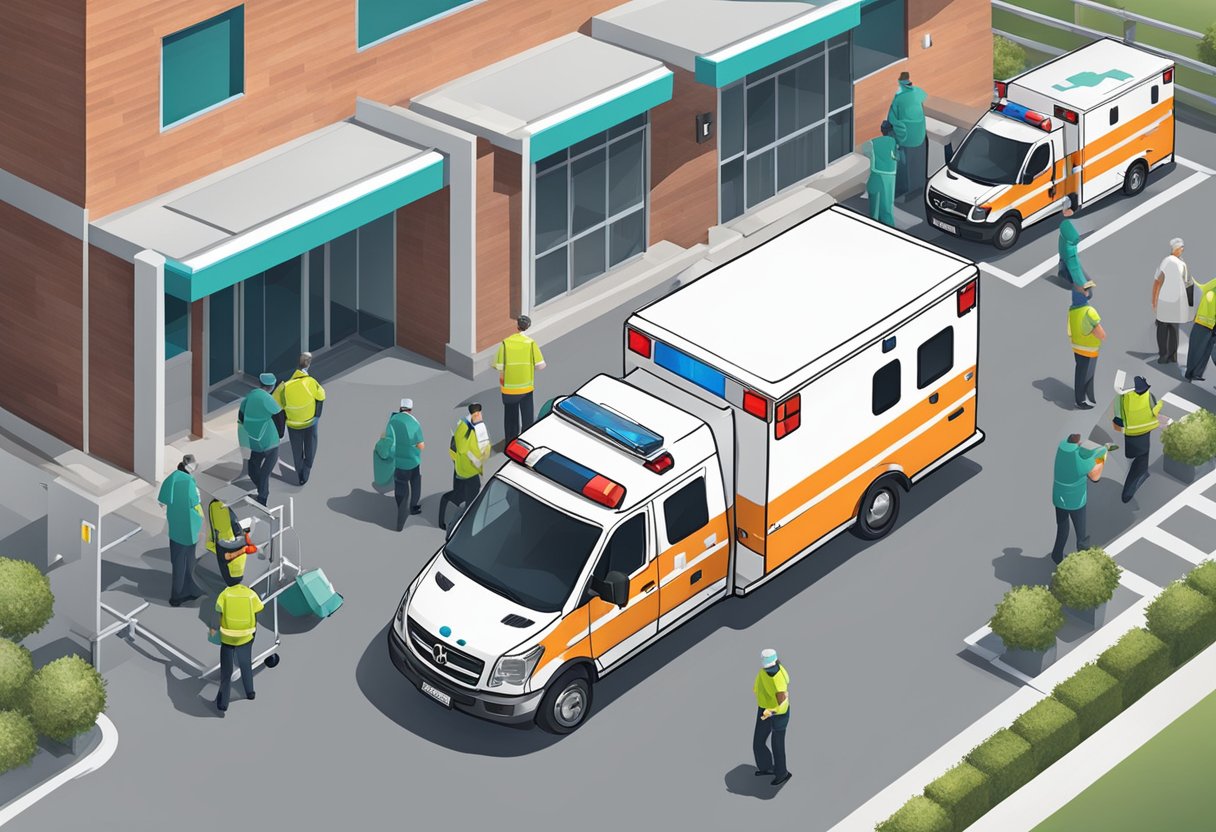 An ambulance parked outside a hospital, with medical equipment being loaded onto it by a team of paramedics