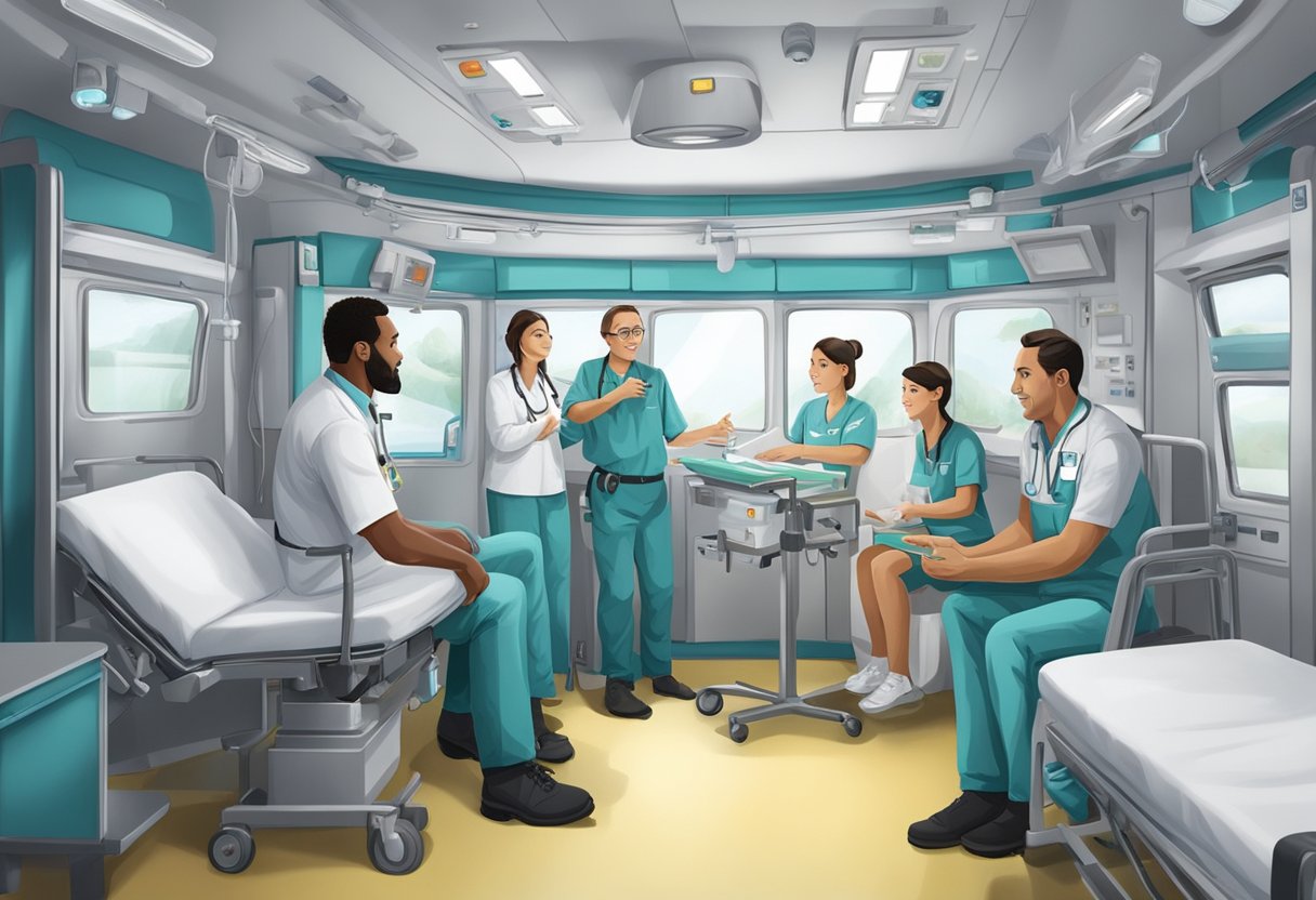 A paramedic explains medical procedures to a family in a mobile ICU