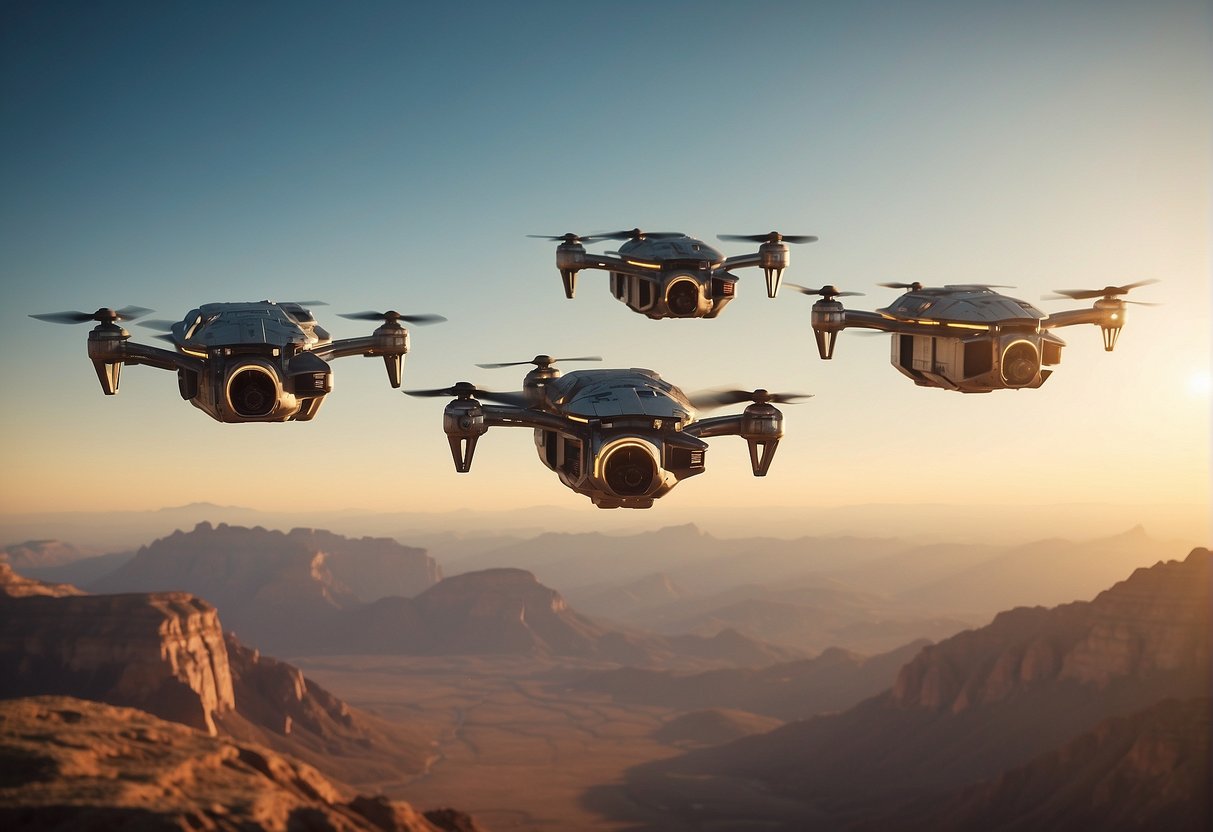 A squadron of Star Wars drones flies in formation over a planet's surface, their sleek metallic bodies glinting in the sunlight as they soar through the sky