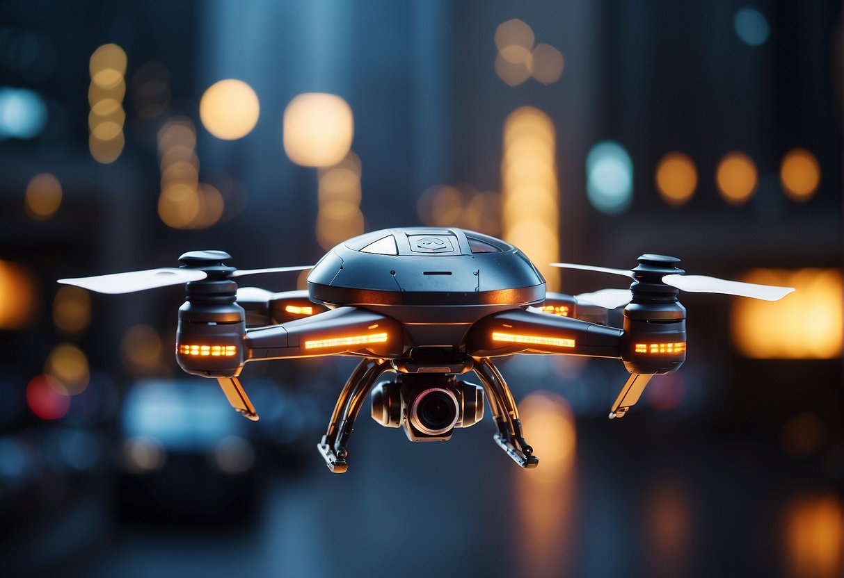 Star Wars drones hover over a futuristic city, emitting colorful lights and advanced technology. They showcase impressive performance capabilities as they fly in formation, creating a mesmerizing display