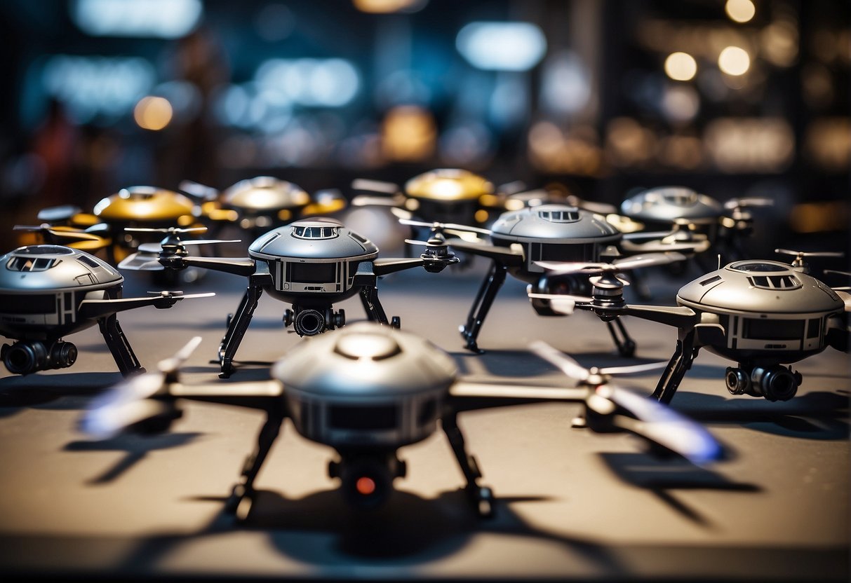 A squadron of Star Wars drones hovers above a display of collectibles, their sleek designs and iconic shapes ready for battle