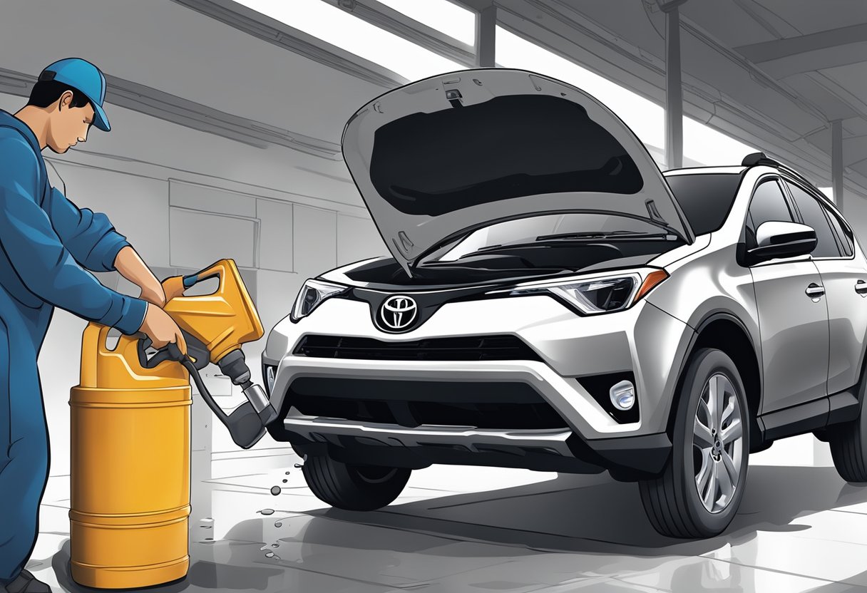 A mechanic pours differential oil into a Toyota RAV4, checking for leaks and using the recommended oil type for troubleshooting