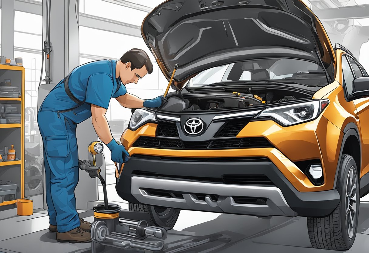 A mechanic pours differential oil into a Toyota RAV4, using a specialized tool to ensure precise measurement and proper maintenance
