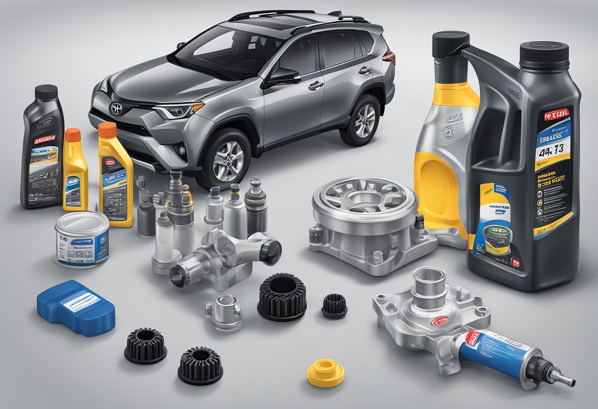 A table displaying RAV4 differential parts and part numbers, alongside bottles of Toyota RAV4 differential oil