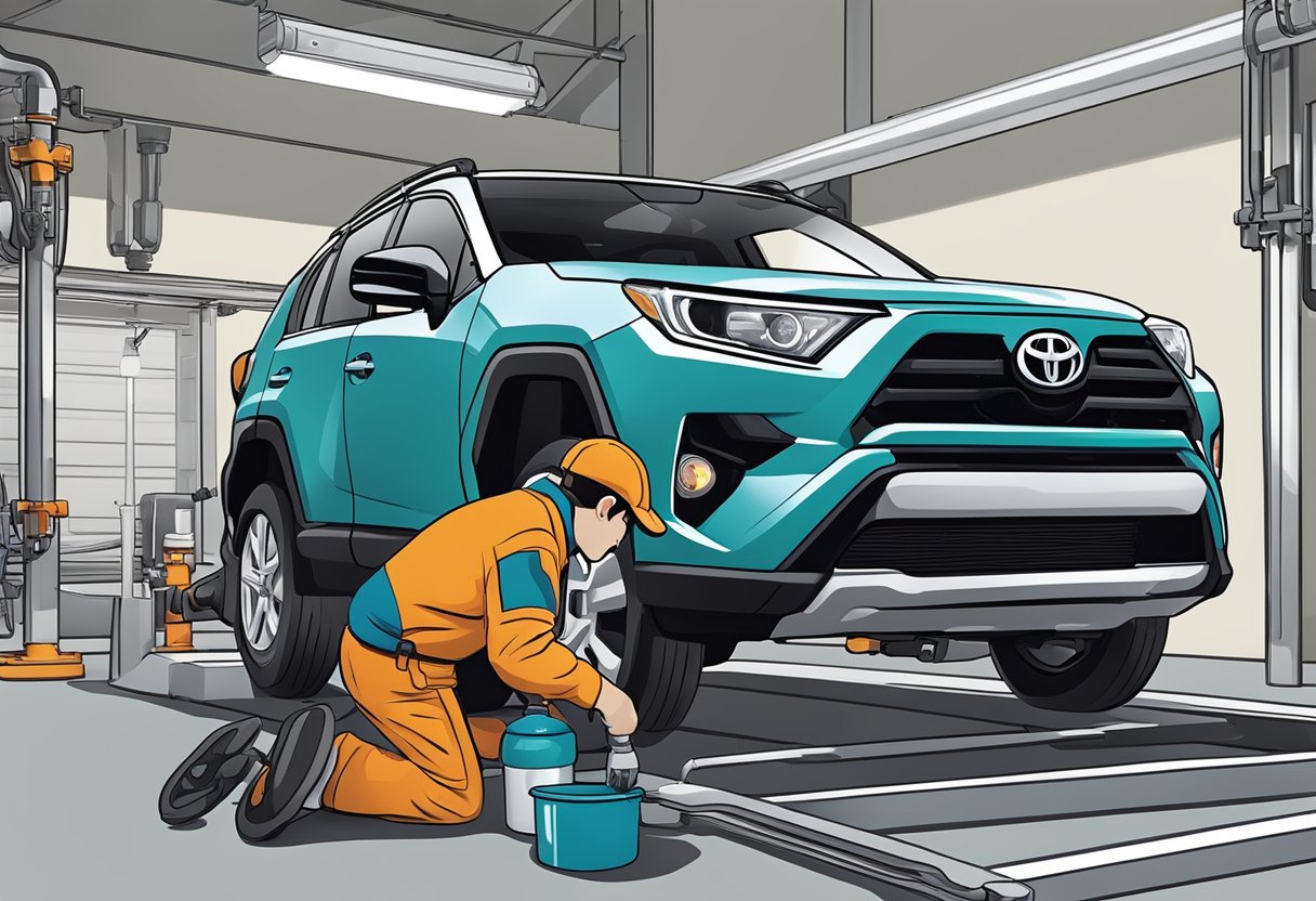 A mechanic pours differential oil into a Toyota RAV4's rear differential, using the recommended type for maintenance