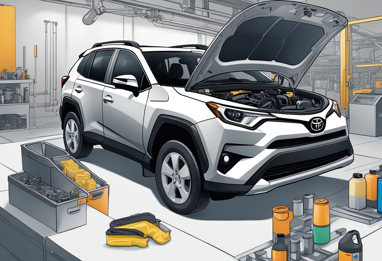 A Toyota RAV4 with its hood open, a mechanic pouring differential oil into the differential, and a labeled oil capacity chart nearby