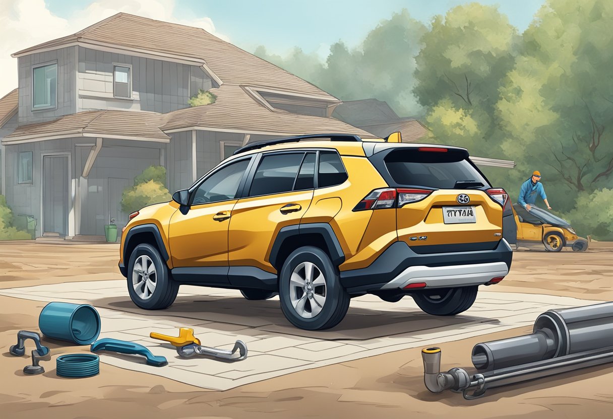 A Toyota RAV4 sits on a flat surface. A drain pan is positioned under the differential. A hand holds a wrench, loosening the drain plug