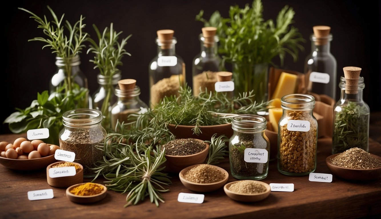 A table displays various herbs and natural ingredients with labels highlighting their benefits