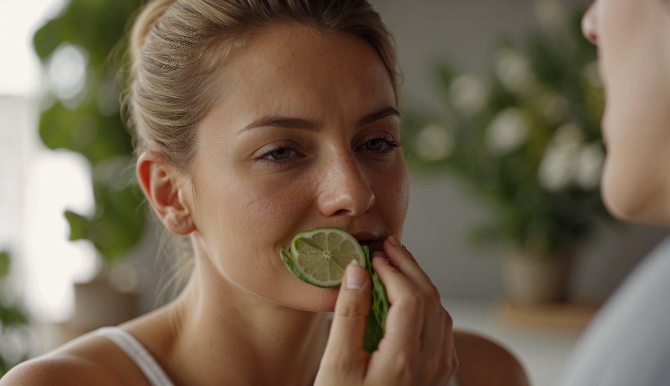 A woman applies herbal face food to her clean, bare face, massaging it in with gentle circular motions. The natural ingredients leave her skin feeling refreshed and nourished